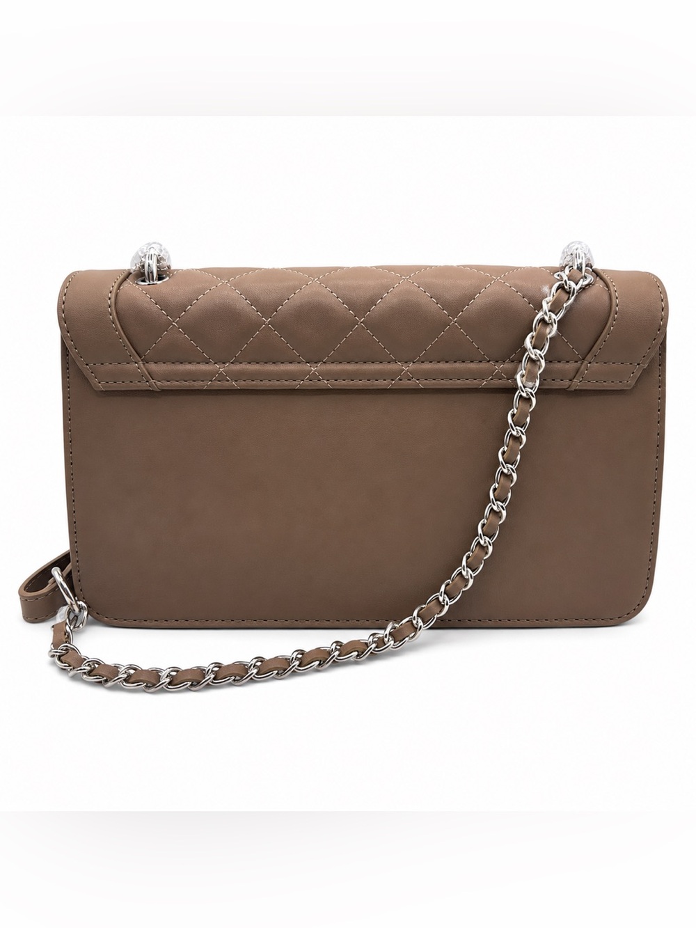 Badgley Mischka Quilted Taupe Shoulder Bag with Pearl-Accented Chain - Picture 2 of 4